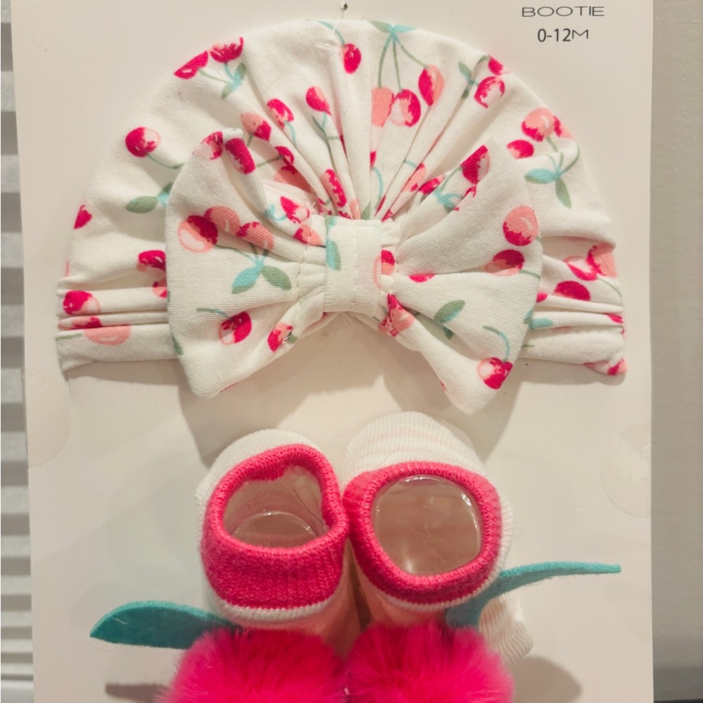 Cherry Print Baby Hat and Booties Set